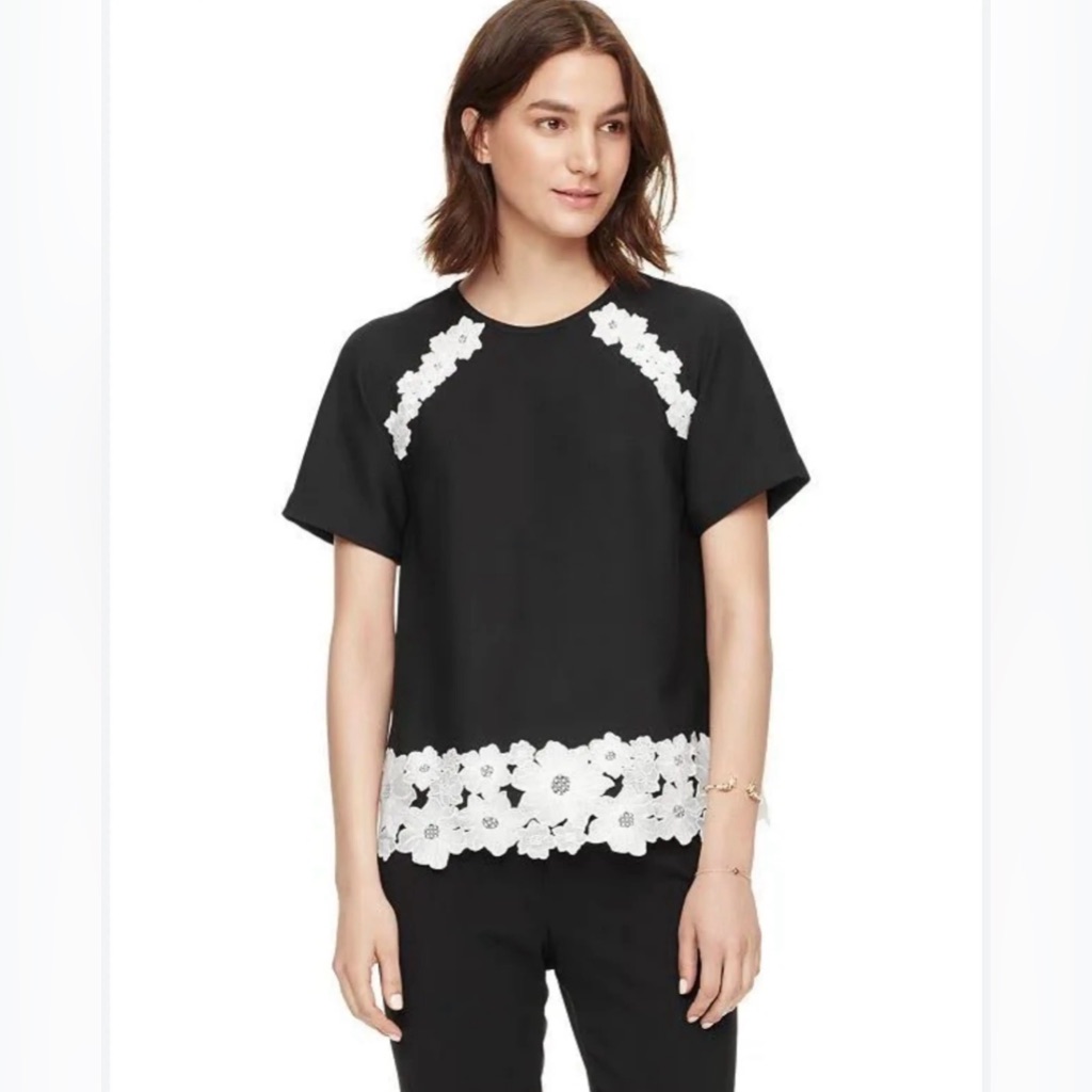 Kate Spade - Floral Appliqu Crepe Short Sleeve Top